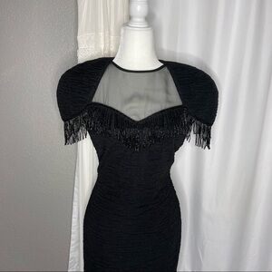 Betsy & Adam 80’s Beaded Fringe Sheer Cocktail Dress Size 9-10 Black Bodycon